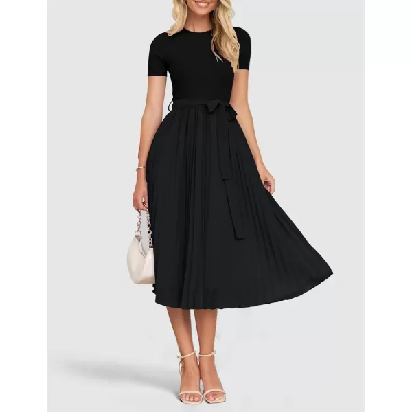 imageZESICA Womens Summer Short Sleeve Midi Dresses Spring Casual Crew Neck Knit Belted Pleated A Line Flowy Wedding Guest DressBlack