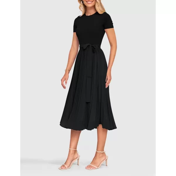 imageZESICA Womens Summer Short Sleeve Midi Dresses Spring Casual Crew Neck Knit Belted Pleated A Line Flowy Wedding Guest DressBlack