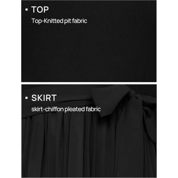 imageZESICA Womens Summer Short Sleeve Midi Dresses Spring Casual Crew Neck Knit Belted Pleated A Line Flowy Wedding Guest DressBlack
