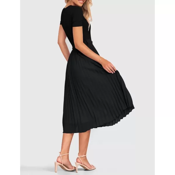imageZESICA Womens Summer Short Sleeve Midi Dresses Spring Casual Crew Neck Knit Belted Pleated A Line Flowy Wedding Guest DressBlack