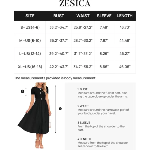 imageZESICA Womens Summer Short Sleeve Midi Dresses Spring Casual Crew Neck Knit Belted Pleated A Line Flowy Wedding Guest DressBlack