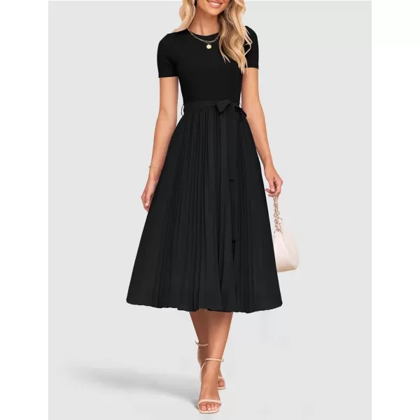imageZESICA Womens Summer Short Sleeve Midi Dresses Spring Casual Crew Neck Knit Belted Pleated A Line Flowy Wedding Guest DressBlack