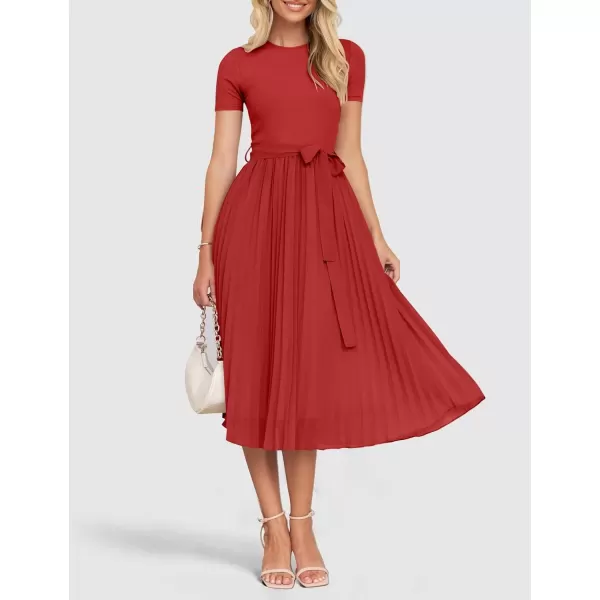 imageZESICA Womens Summer Short Sleeve Midi Dresses Spring Casual Crew Neck Knit Belted Pleated A Line Flowy Wedding Guest DressCherry