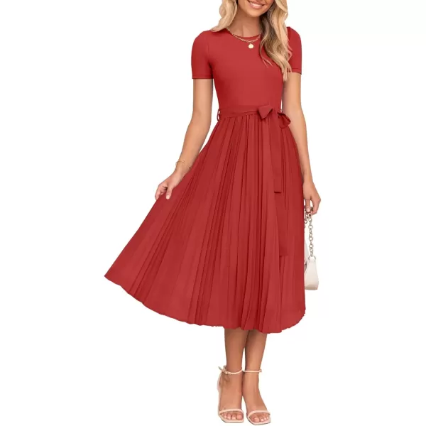 imageZESICA Womens Summer Short Sleeve Midi Dresses Spring Casual Crew Neck Knit Belted Pleated A Line Flowy Wedding Guest DressCherry