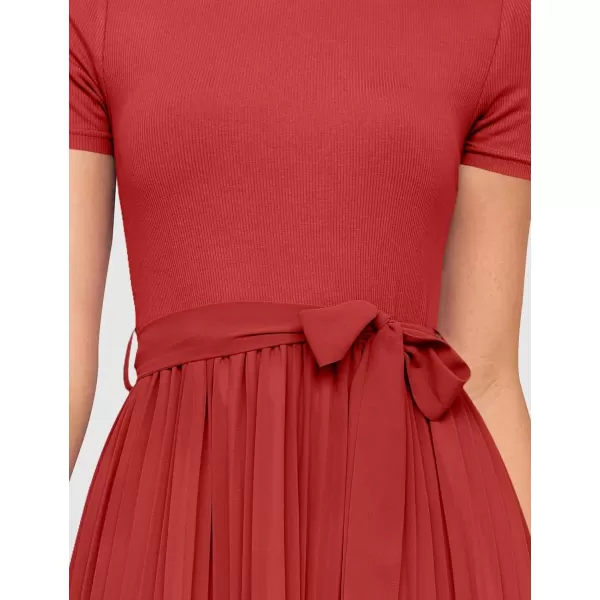 imageZESICA Womens Summer Short Sleeve Midi Dresses Spring Casual Crew Neck Knit Belted Pleated A Line Flowy Wedding Guest DressCherry