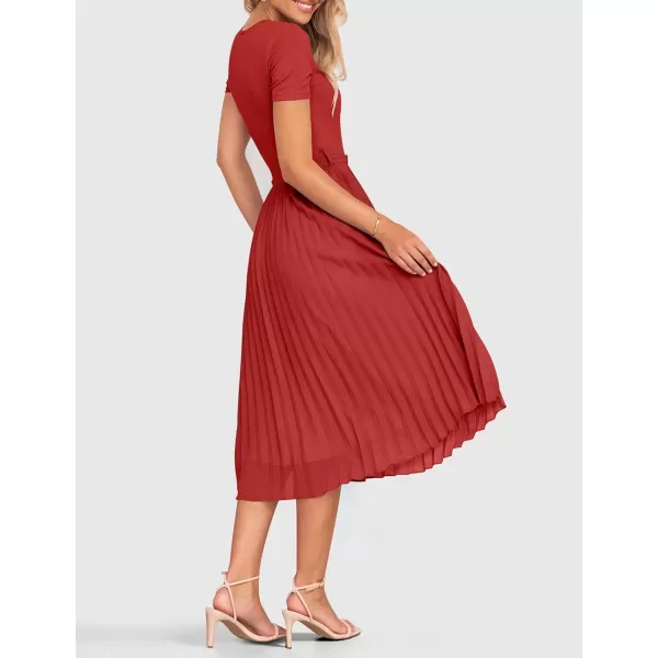 imageZESICA Womens Summer Short Sleeve Midi Dresses Spring Casual Crew Neck Knit Belted Pleated A Line Flowy Wedding Guest DressCherry