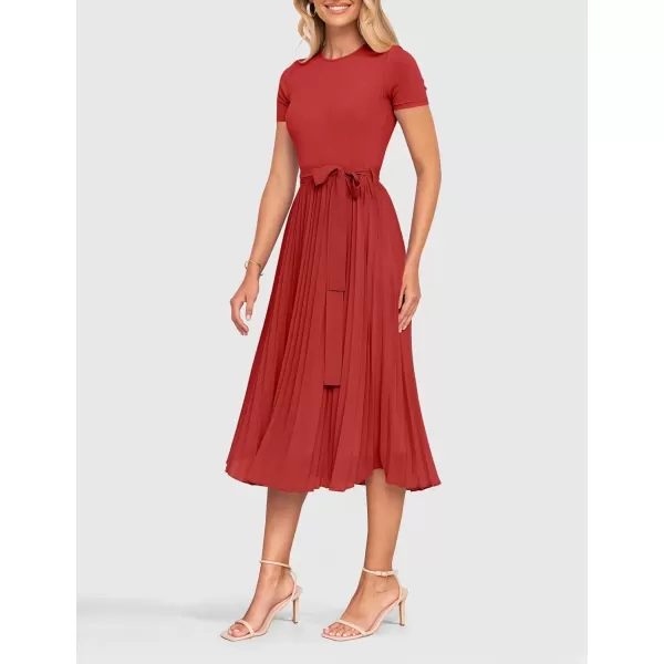 imageZESICA Womens Summer Short Sleeve Midi Dresses Spring Casual Crew Neck Knit Belted Pleated A Line Flowy Wedding Guest DressCherry