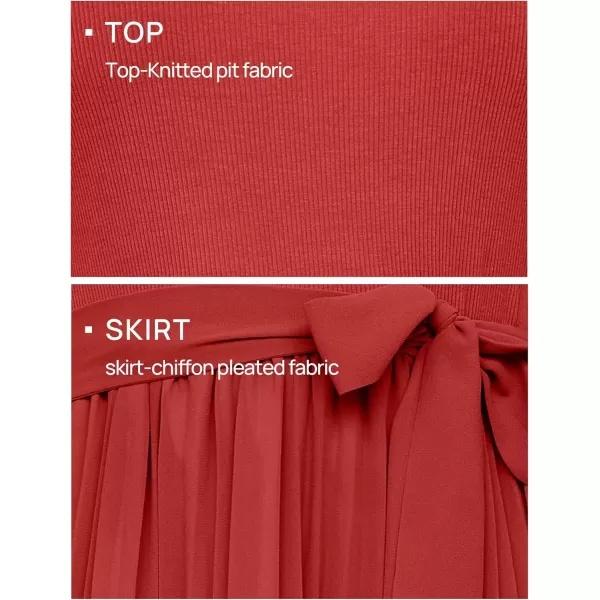 imageZESICA Womens Summer Short Sleeve Midi Dresses Spring Casual Crew Neck Knit Belted Pleated A Line Flowy Wedding Guest DressCherry