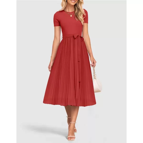 imageZESICA Womens Summer Short Sleeve Midi Dresses Spring Casual Crew Neck Knit Belted Pleated A Line Flowy Wedding Guest DressCherry