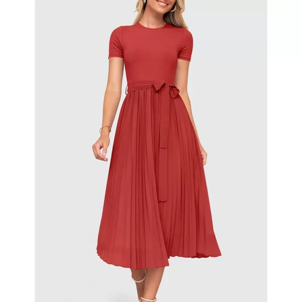 imageZESICA Womens Summer Short Sleeve Midi Dresses Spring Casual Crew Neck Knit Belted Pleated A Line Flowy Wedding Guest DressCherry