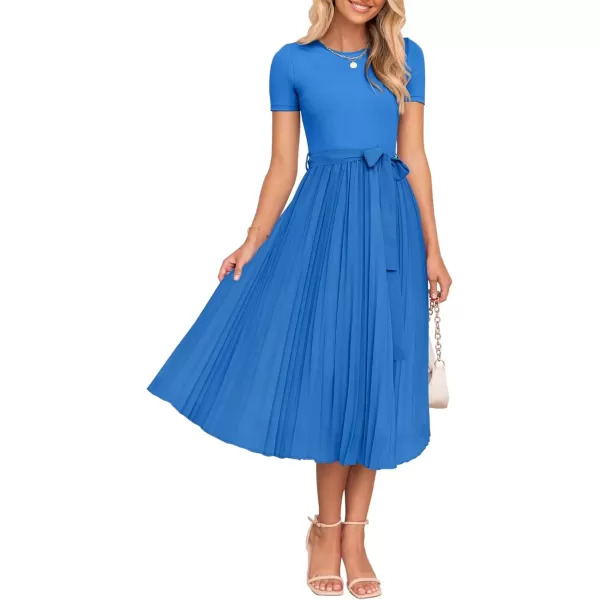 imageZESICA Womens Summer Short Sleeve Midi Dresses Spring Casual Crew Neck Knit Belted Pleated A Line Flowy Wedding Guest DressCobalt Blue