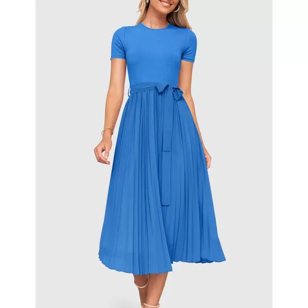 imageZESICA Womens Summer Short Sleeve Midi Dresses Spring Casual Crew Neck Knit Belted Pleated A Line Flowy Wedding Guest DressCobalt Blue