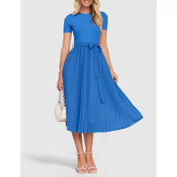 imageZESICA Womens Summer Short Sleeve Midi Dresses Spring Casual Crew Neck Knit Belted Pleated A Line Flowy Wedding Guest DressCobalt Blue