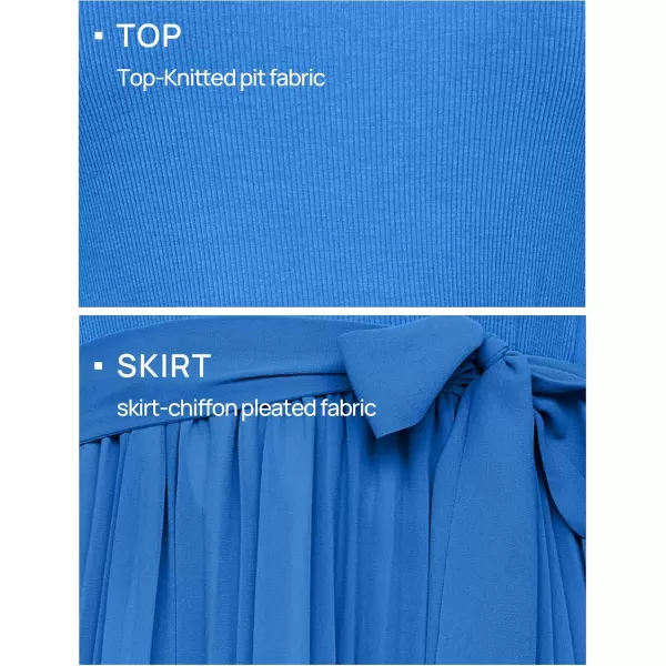 imageZESICA Womens Summer Short Sleeve Midi Dresses Spring Casual Crew Neck Knit Belted Pleated A Line Flowy Wedding Guest DressCobalt Blue