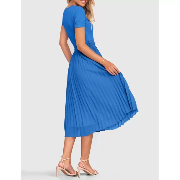 imageZESICA Womens Summer Short Sleeve Midi Dresses Spring Casual Crew Neck Knit Belted Pleated A Line Flowy Wedding Guest DressCobalt Blue