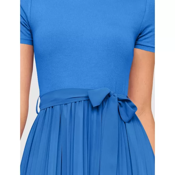 imageZESICA Womens Summer Short Sleeve Midi Dresses Spring Casual Crew Neck Knit Belted Pleated A Line Flowy Wedding Guest DressCobalt Blue