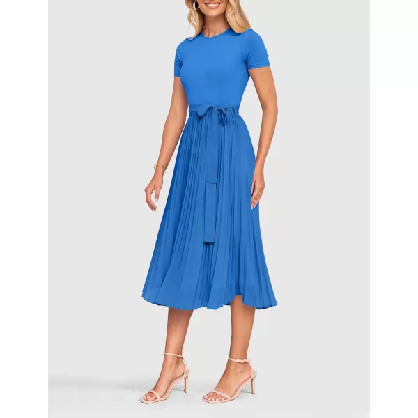 imageZESICA Womens Summer Short Sleeve Midi Dresses Spring Casual Crew Neck Knit Belted Pleated A Line Flowy Wedding Guest DressCobalt Blue