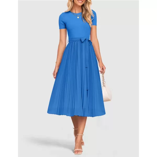 imageZESICA Womens Summer Short Sleeve Midi Dresses Spring Casual Crew Neck Knit Belted Pleated A Line Flowy Wedding Guest DressCobalt Blue