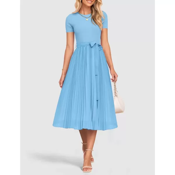 imageZESICA Womens Summer Short Sleeve Midi Dresses Spring Casual Crew Neck Knit Belted Pleated A Line Flowy Wedding Guest DressLightblue