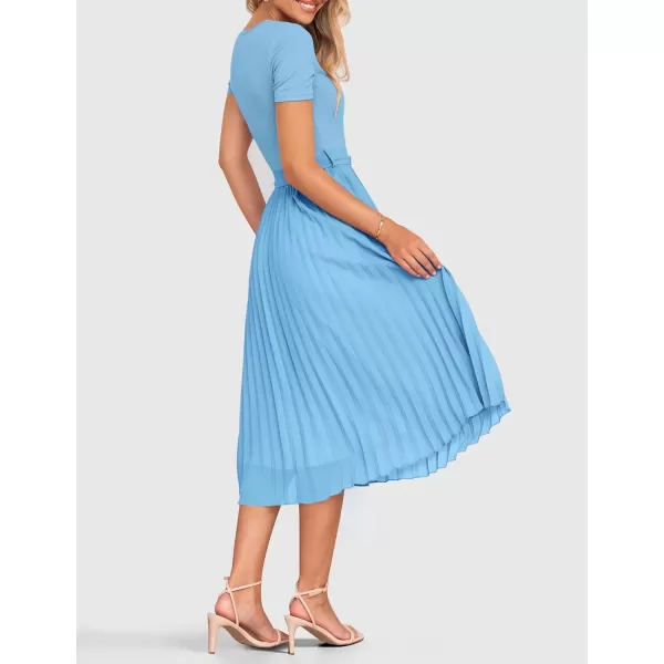 imageZESICA Womens Summer Short Sleeve Midi Dresses Spring Casual Crew Neck Knit Belted Pleated A Line Flowy Wedding Guest DressLightblue