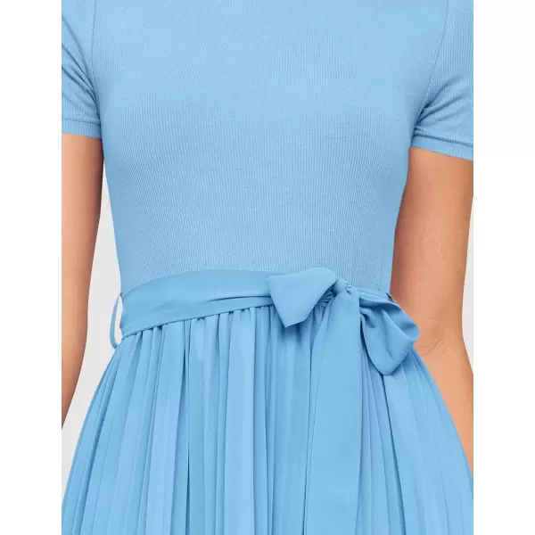 imageZESICA Womens Summer Short Sleeve Midi Dresses Spring Casual Crew Neck Knit Belted Pleated A Line Flowy Wedding Guest DressLightblue