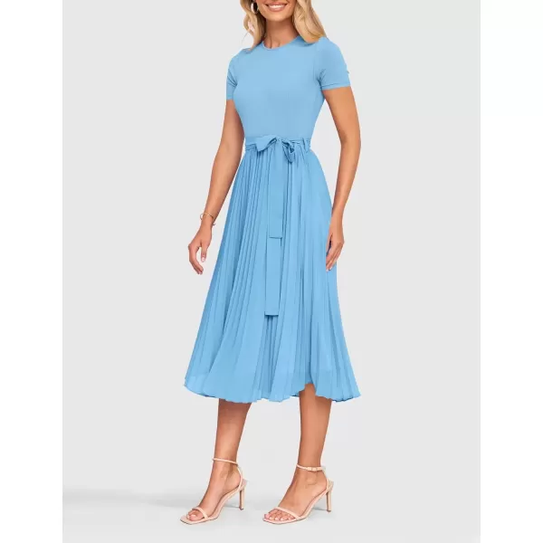 imageZESICA Womens Summer Short Sleeve Midi Dresses Spring Casual Crew Neck Knit Belted Pleated A Line Flowy Wedding Guest DressLightblue