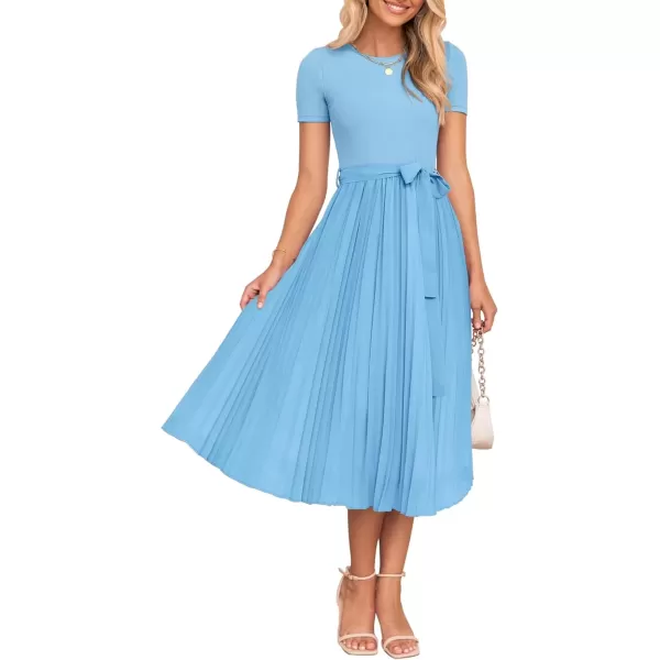 imageZESICA Womens Summer Short Sleeve Midi Dresses Spring Casual Crew Neck Knit Belted Pleated A Line Flowy Wedding Guest DressLightblue