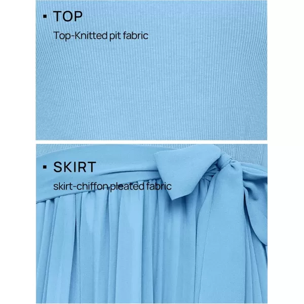 imageZESICA Womens Summer Short Sleeve Midi Dresses Spring Casual Crew Neck Knit Belted Pleated A Line Flowy Wedding Guest DressLightblue