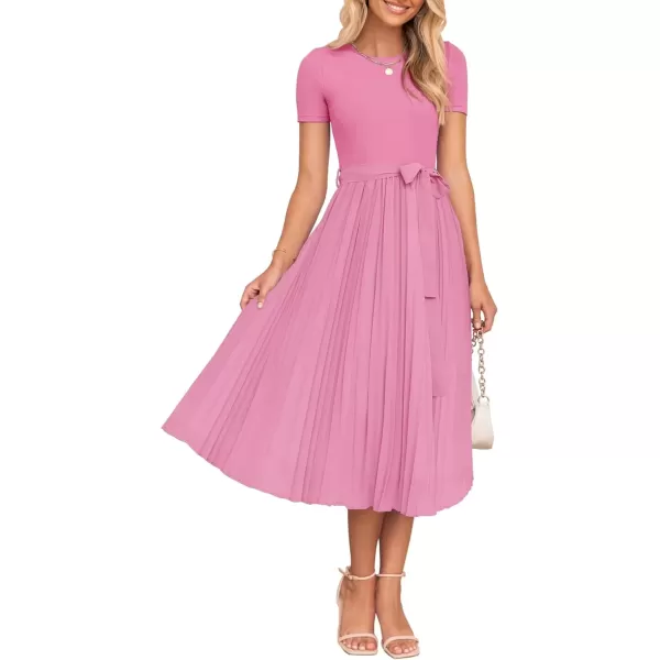 imageZESICA Womens Summer Short Sleeve Midi Dresses Spring Casual Crew Neck Knit Belted Pleated A Line Flowy Wedding Guest DressPink