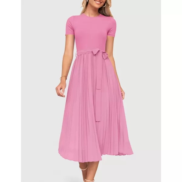 imageZESICA Womens Summer Short Sleeve Midi Dresses Spring Casual Crew Neck Knit Belted Pleated A Line Flowy Wedding Guest DressPink