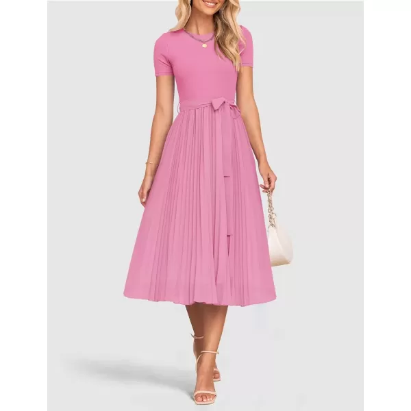 imageZESICA Womens Summer Short Sleeve Midi Dresses Spring Casual Crew Neck Knit Belted Pleated A Line Flowy Wedding Guest DressPink