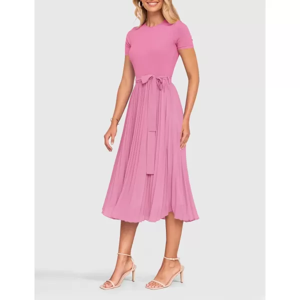 imageZESICA Womens Summer Short Sleeve Midi Dresses Spring Casual Crew Neck Knit Belted Pleated A Line Flowy Wedding Guest DressPink