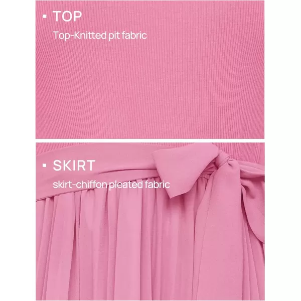 imageZESICA Womens Summer Short Sleeve Midi Dresses Spring Casual Crew Neck Knit Belted Pleated A Line Flowy Wedding Guest DressPink