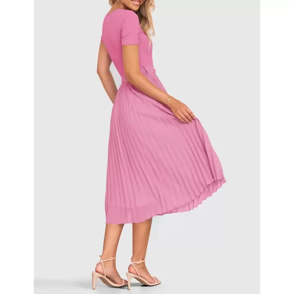 imageZESICA Womens Summer Short Sleeve Midi Dresses Spring Casual Crew Neck Knit Belted Pleated A Line Flowy Wedding Guest DressPink