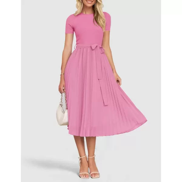 imageZESICA Womens Summer Short Sleeve Midi Dresses Spring Casual Crew Neck Knit Belted Pleated A Line Flowy Wedding Guest DressPink