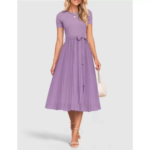 imageZESICA Womens Summer Short Sleeve Midi Dresses Spring Casual Crew Neck Knit Belted Pleated A Line Flowy Wedding Guest DressPurple