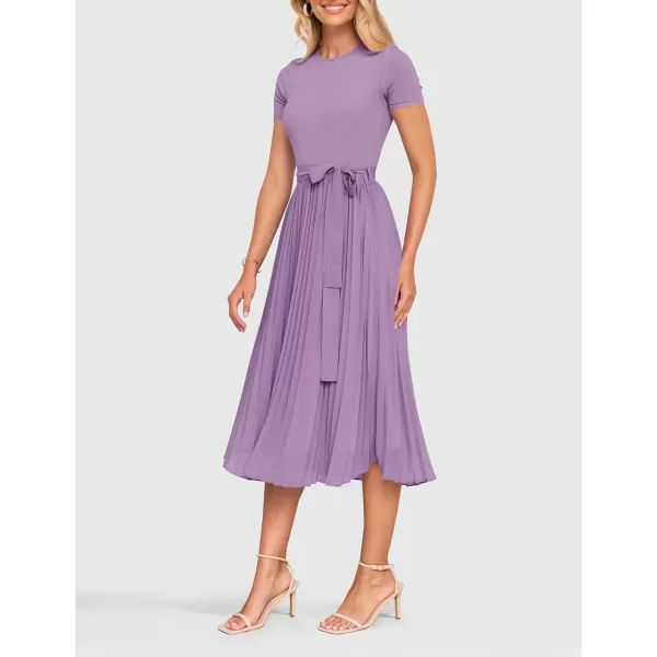 imageZESICA Womens Summer Short Sleeve Midi Dresses Spring Casual Crew Neck Knit Belted Pleated A Line Flowy Wedding Guest DressPurple