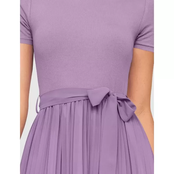 imageZESICA Womens Summer Short Sleeve Midi Dresses Spring Casual Crew Neck Knit Belted Pleated A Line Flowy Wedding Guest DressPurple