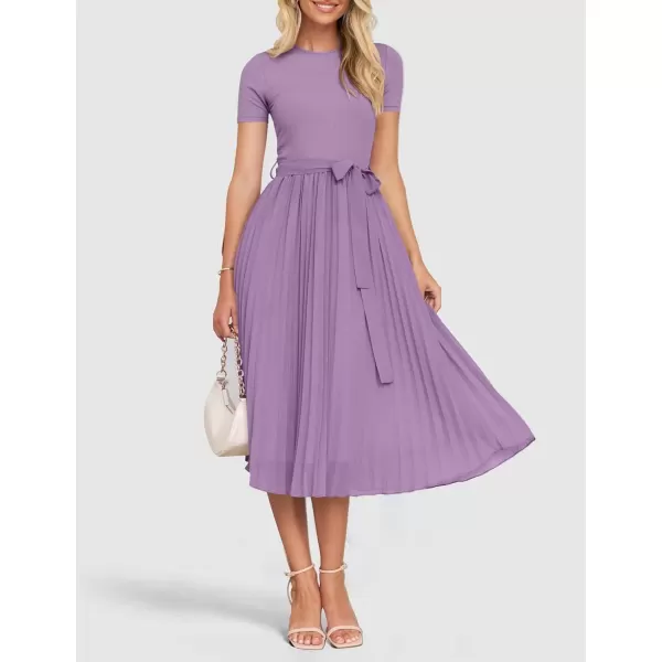 imageZESICA Womens Summer Short Sleeve Midi Dresses Spring Casual Crew Neck Knit Belted Pleated A Line Flowy Wedding Guest DressPurple