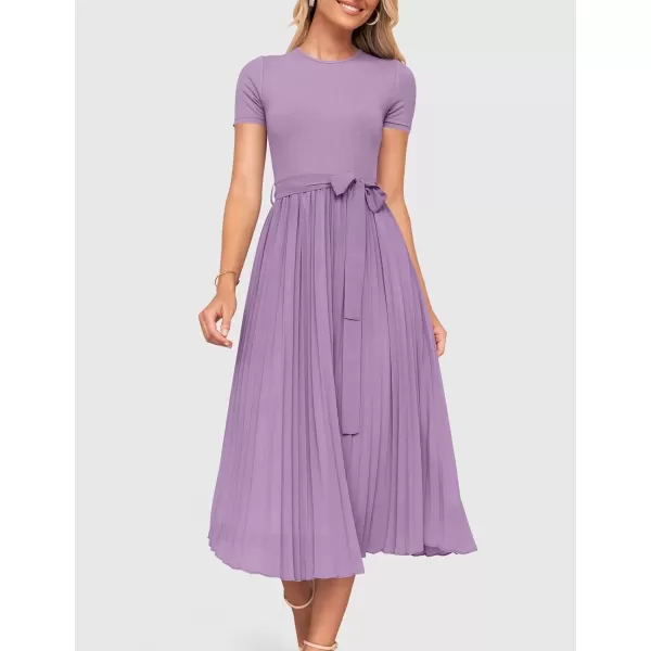 imageZESICA Womens Summer Short Sleeve Midi Dresses Spring Casual Crew Neck Knit Belted Pleated A Line Flowy Wedding Guest DressPurple