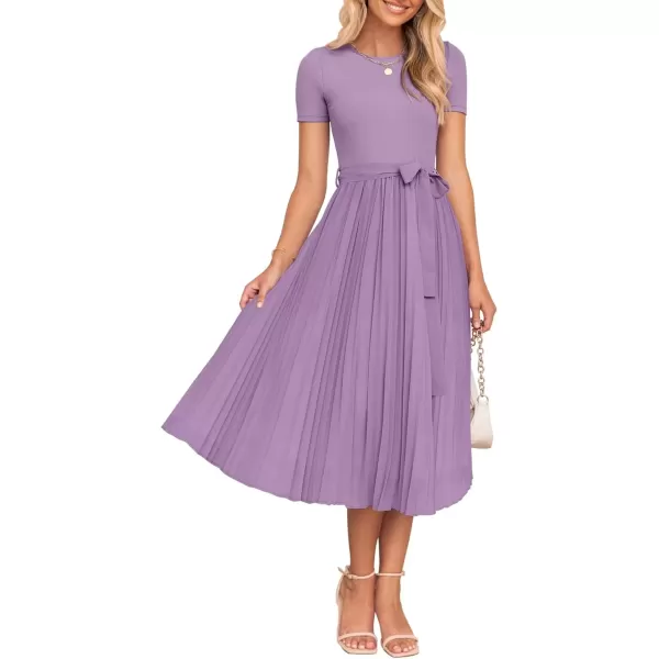 imageZESICA Womens Summer Short Sleeve Midi Dresses Spring Casual Crew Neck Knit Belted Pleated A Line Flowy Wedding Guest DressPurple