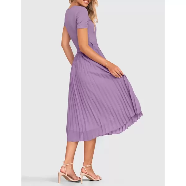 imageZESICA Womens Summer Short Sleeve Midi Dresses Spring Casual Crew Neck Knit Belted Pleated A Line Flowy Wedding Guest DressPurple
