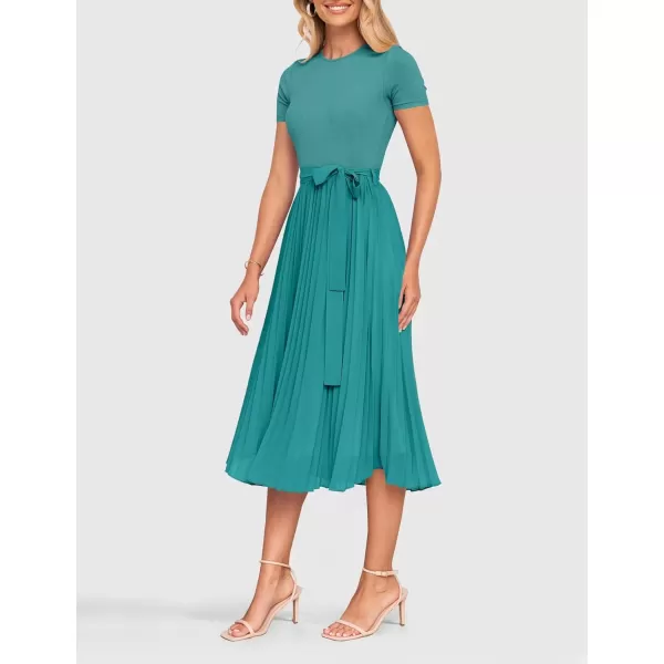 imageZESICA Womens Summer Short Sleeve Midi Dresses Spring Casual Crew Neck Knit Belted Pleated A Line Flowy Wedding Guest DressTurquoise