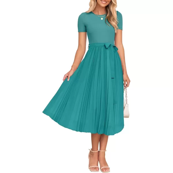 imageZESICA Womens Summer Short Sleeve Midi Dresses Spring Casual Crew Neck Knit Belted Pleated A Line Flowy Wedding Guest DressTurquoise