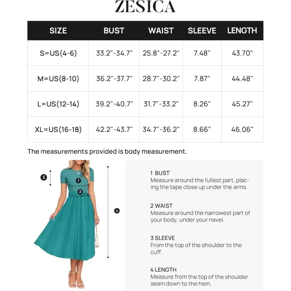 imageZESICA Womens Summer Short Sleeve Midi Dresses Spring Casual Crew Neck Knit Belted Pleated A Line Flowy Wedding Guest DressTurquoise