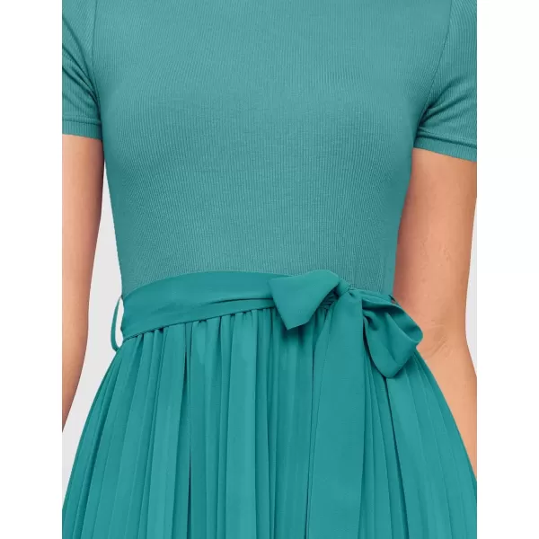 imageZESICA Womens Summer Short Sleeve Midi Dresses Spring Casual Crew Neck Knit Belted Pleated A Line Flowy Wedding Guest DressTurquoise