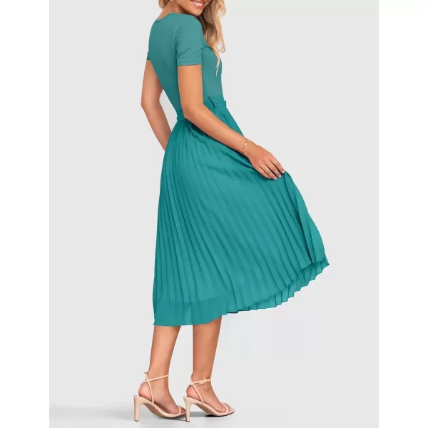 imageZESICA Womens Summer Short Sleeve Midi Dresses Spring Casual Crew Neck Knit Belted Pleated A Line Flowy Wedding Guest DressTurquoise
