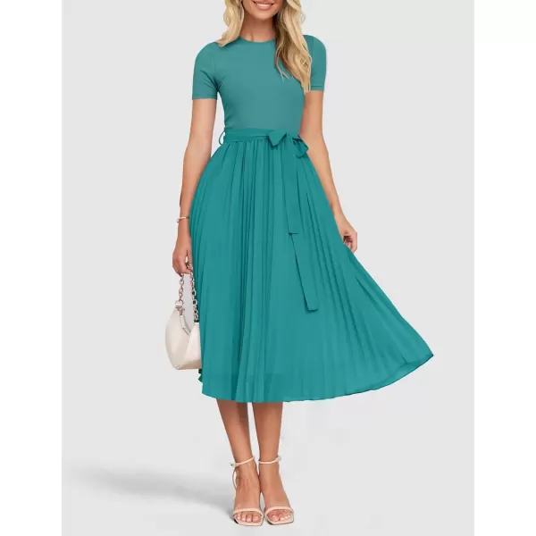 imageZESICA Womens Summer Short Sleeve Midi Dresses Spring Casual Crew Neck Knit Belted Pleated A Line Flowy Wedding Guest DressTurquoise