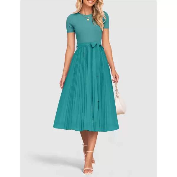 imageZESICA Womens Summer Short Sleeve Midi Dresses Spring Casual Crew Neck Knit Belted Pleated A Line Flowy Wedding Guest DressTurquoise