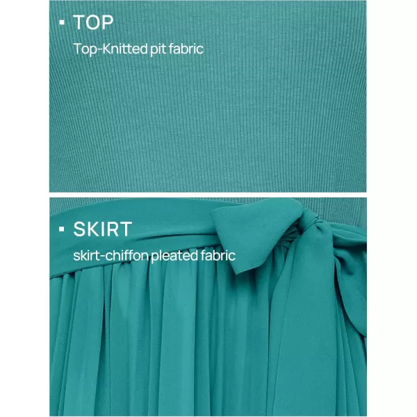 imageZESICA Womens Summer Short Sleeve Midi Dresses Spring Casual Crew Neck Knit Belted Pleated A Line Flowy Wedding Guest DressTurquoise